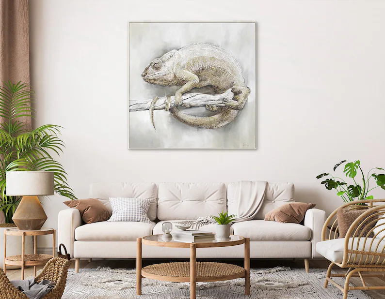 Tablou pictat Pictura in ulei cameleon african, tablou abstract modern reliefat - imagine 4