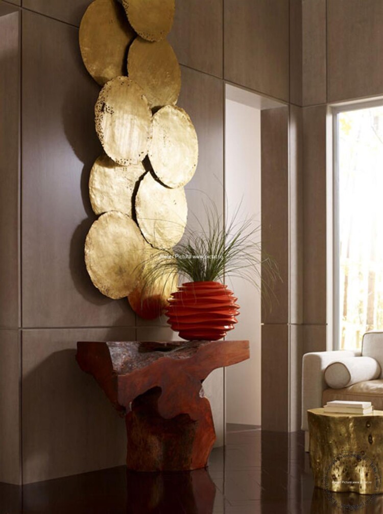 Tablou pictat Tablou abstract Cercuri aurii, Sculptura Foita Aur Design Interior