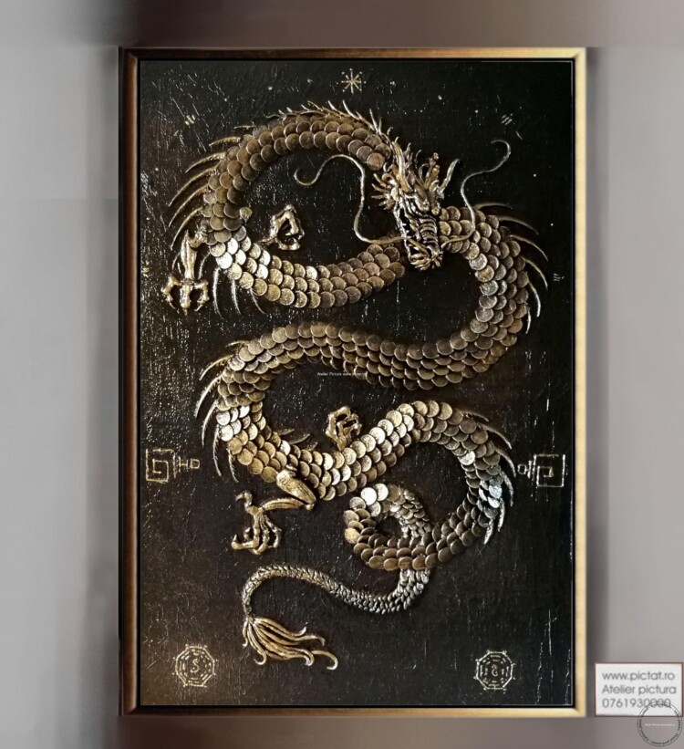 Tablou pictat Tablou Feng Shui Dragon, Pictura modelaj lut placat cu foita aur