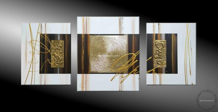 Tablouri pictate manual, Set 3 Tablouri, Tablou modern, tablou auriu abstract