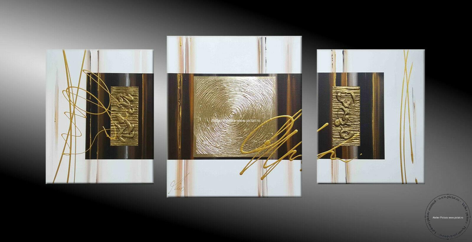 Tablouri pictate manual, Set 3 Tablouri, Tablou modern, tablou auriu abstract