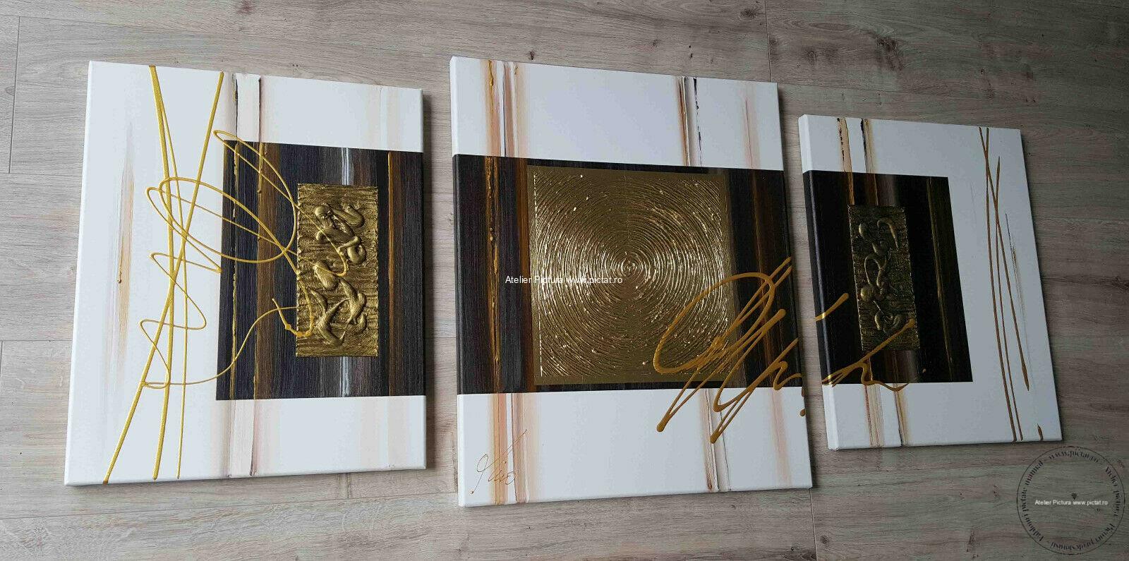 Tablouri pictate manual, Set 3 Tablouri, Tablou modern, tablou auriu abstract - imagine 2