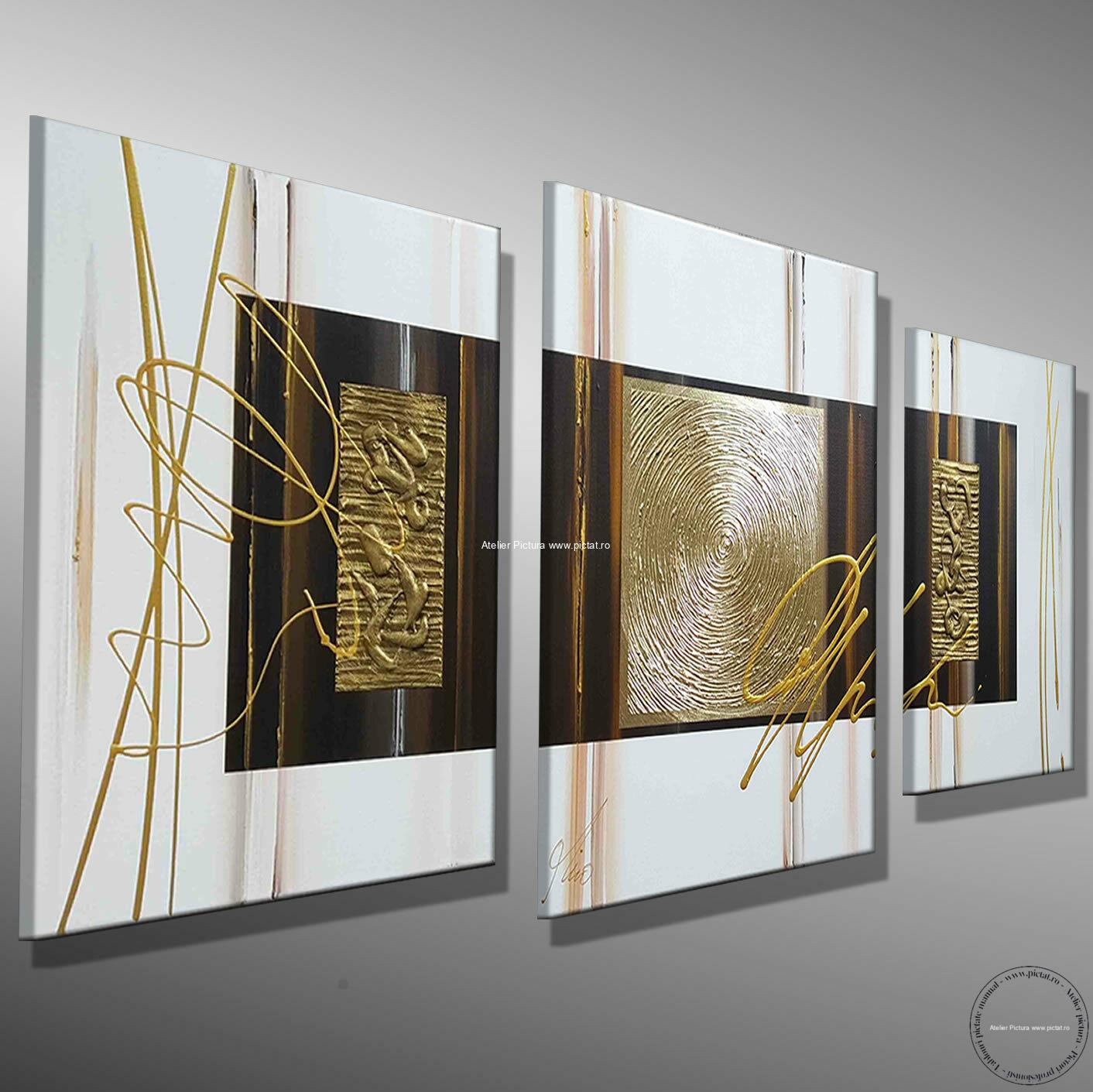 Tablouri pictate manual, Set 3 Tablouri, Tablou modern, tablou auriu abstract - imagine 5