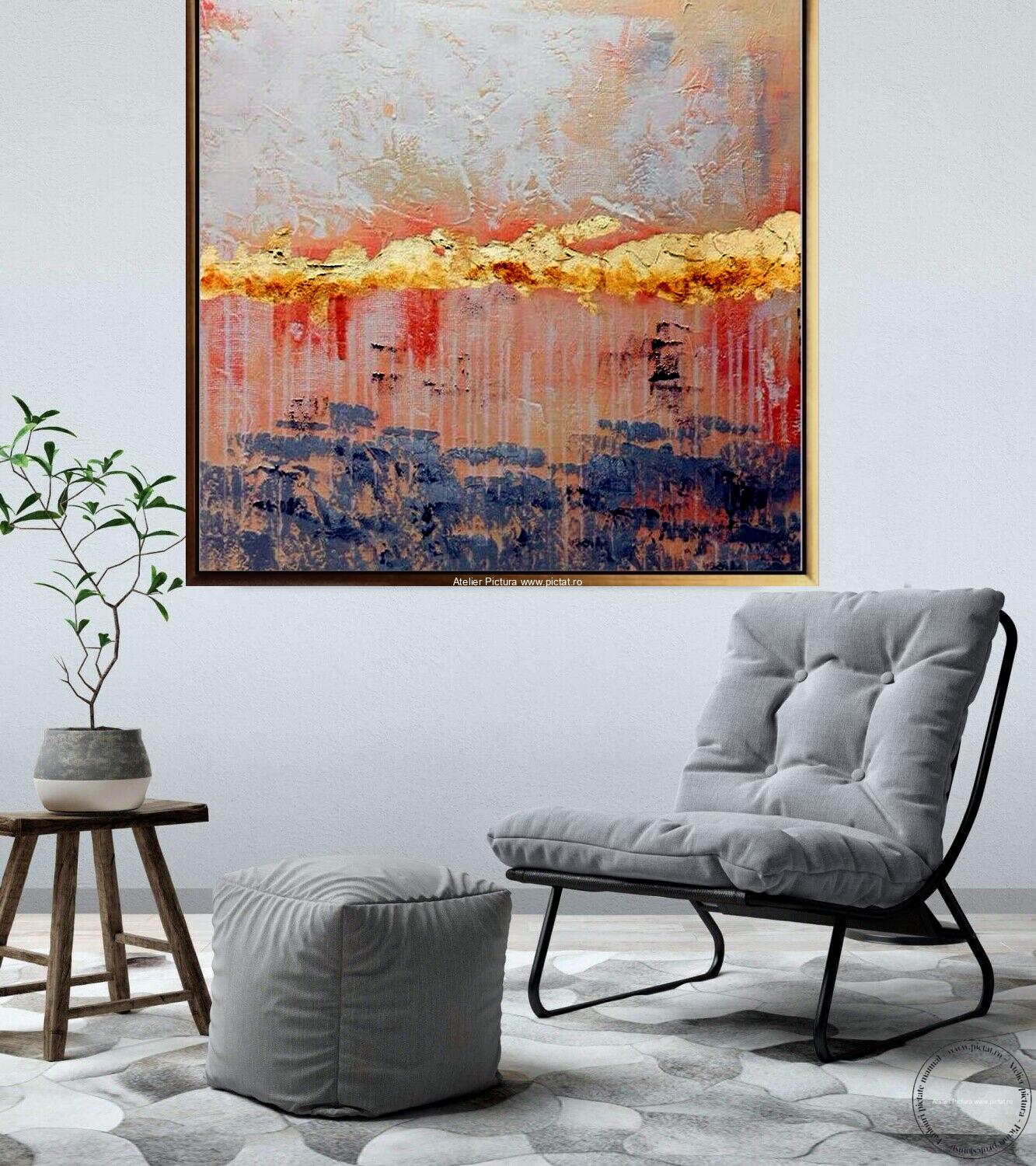 Tablouri pictate manual Tablou abstract modern auriu in cutit foita de aur - imagine 2