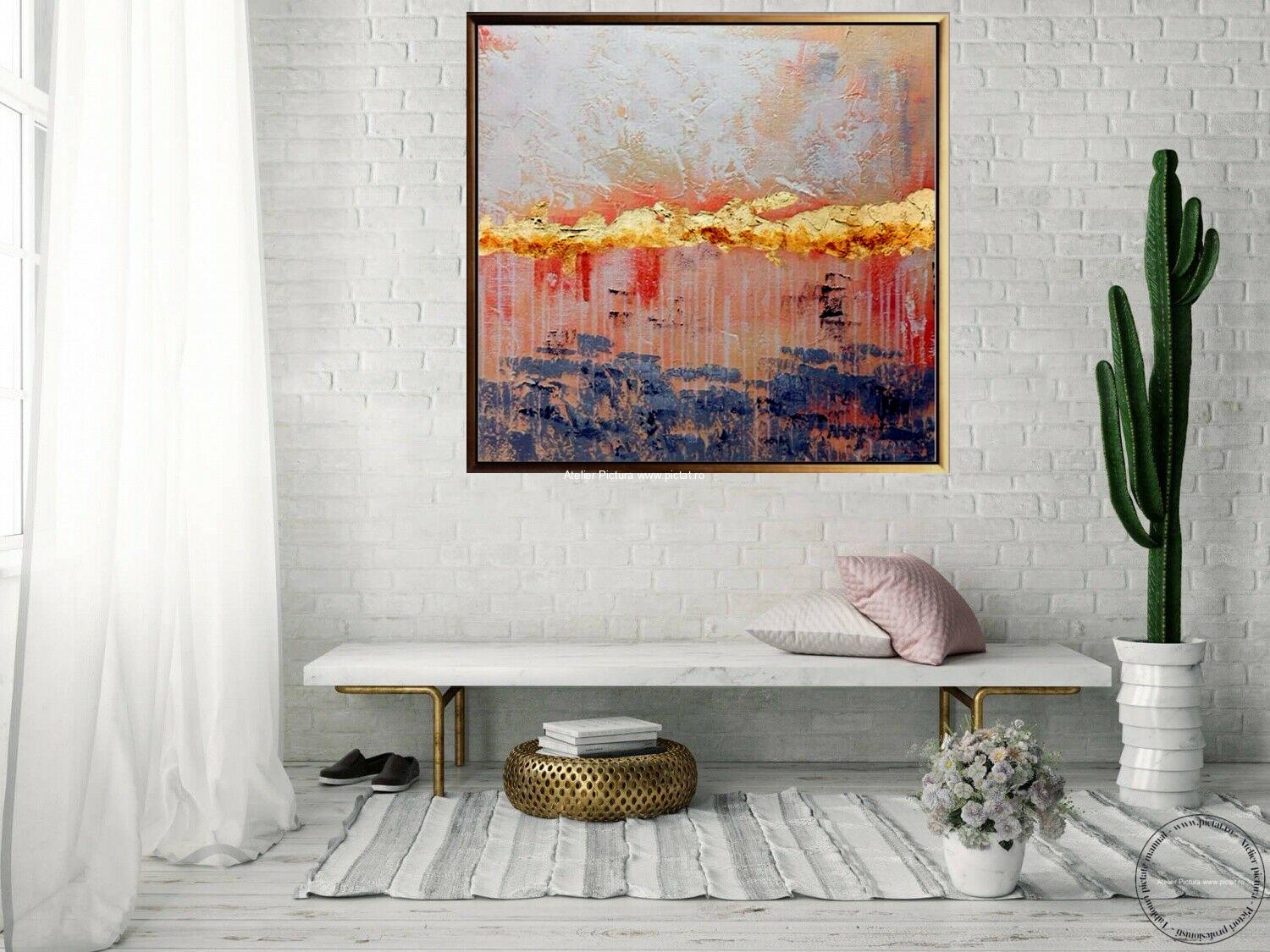 Tablouri pictate manual Tablou abstract modern auriu in cutit foita de aur - imagine 3