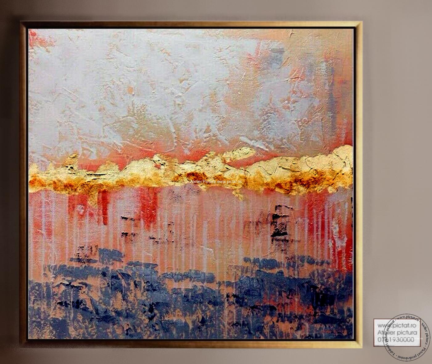 Tablouri pictate manual Tablou abstract modern auriu in cutit foita de aur