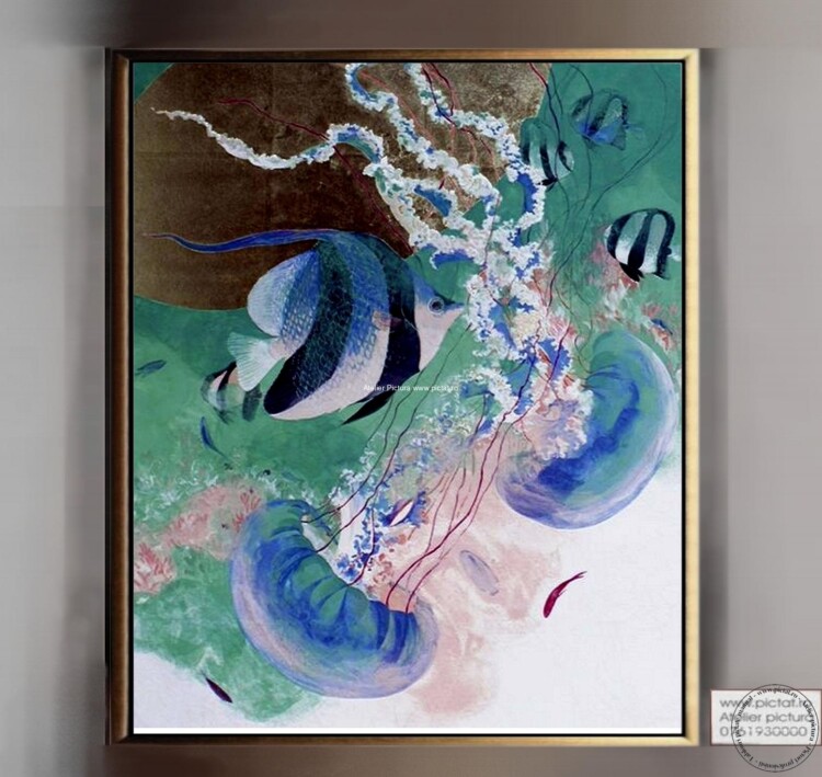 Tablou pictat Tablou abstract marin, Tablou cu pesti exotici si meduze