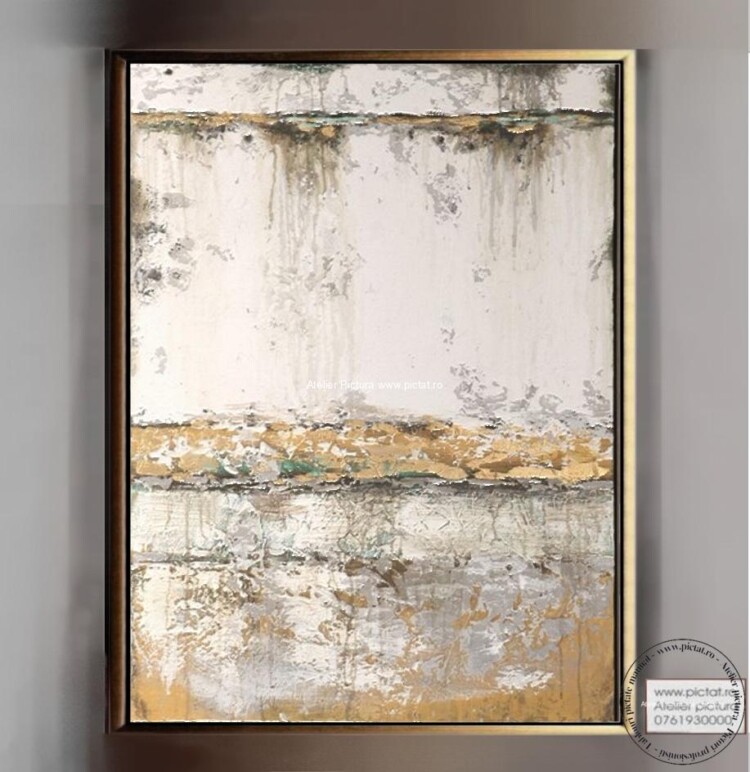 Tablouri pictate manual Tablou abstract modern auriu alb foita de aur