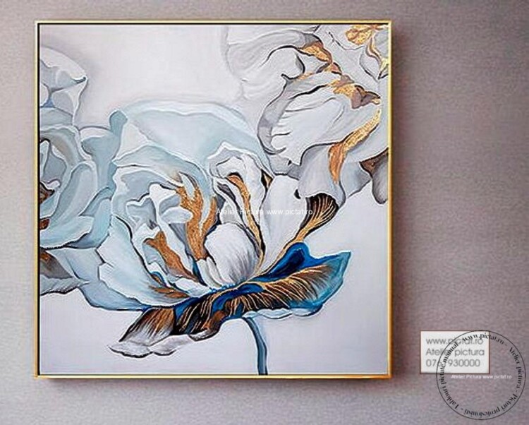 Tablouri pictate manual, Tablou abstract cu foita de aur floare alb albastra