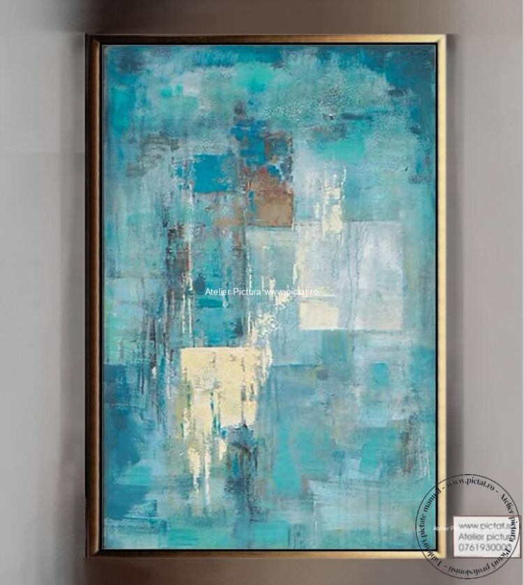 Tablouri pictate manual Tablou abstract modern in cutit turcoaz living