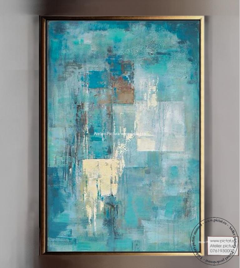 Tablouri pictate manual Tablou abstract modern in cutit turcoaz living