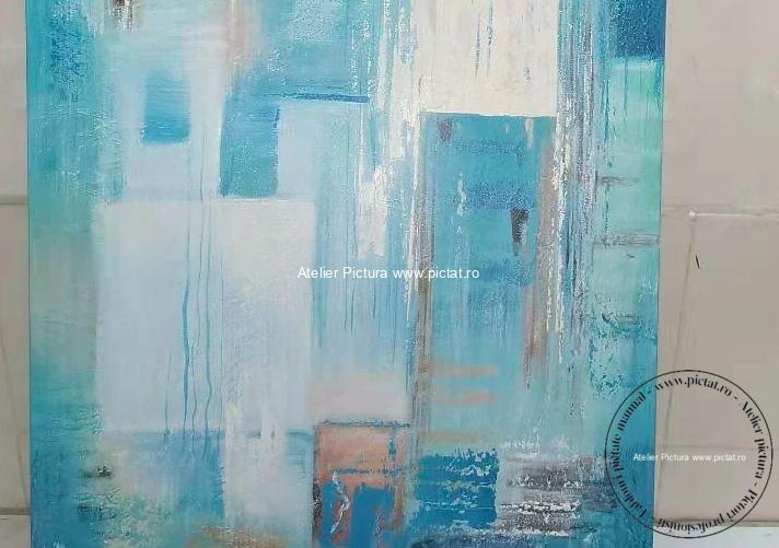 Tablouri pictate manual Tablou abstract modern in cutit turcoaz living - imagine 2
