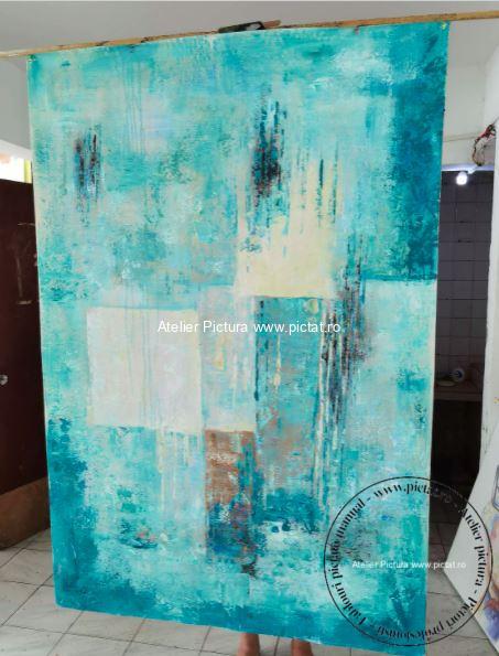Tablouri pictate manual Tablou abstract modern in cutit turcoaz living - imagine 3