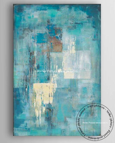 Tablouri pictate manual Tablou abstract modern in cutit turcoaz living - imagine 4