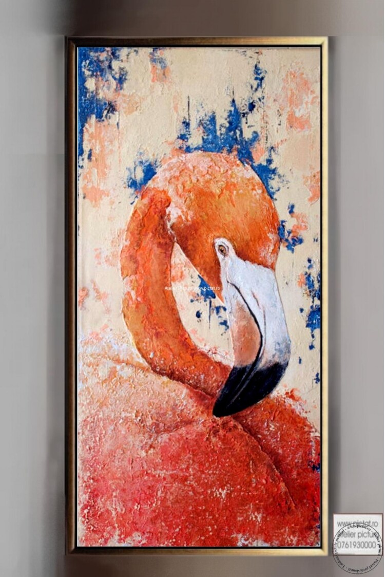 Tablou pictat Tablou abstract, tablou texturat 3d, pasare flamingo roz