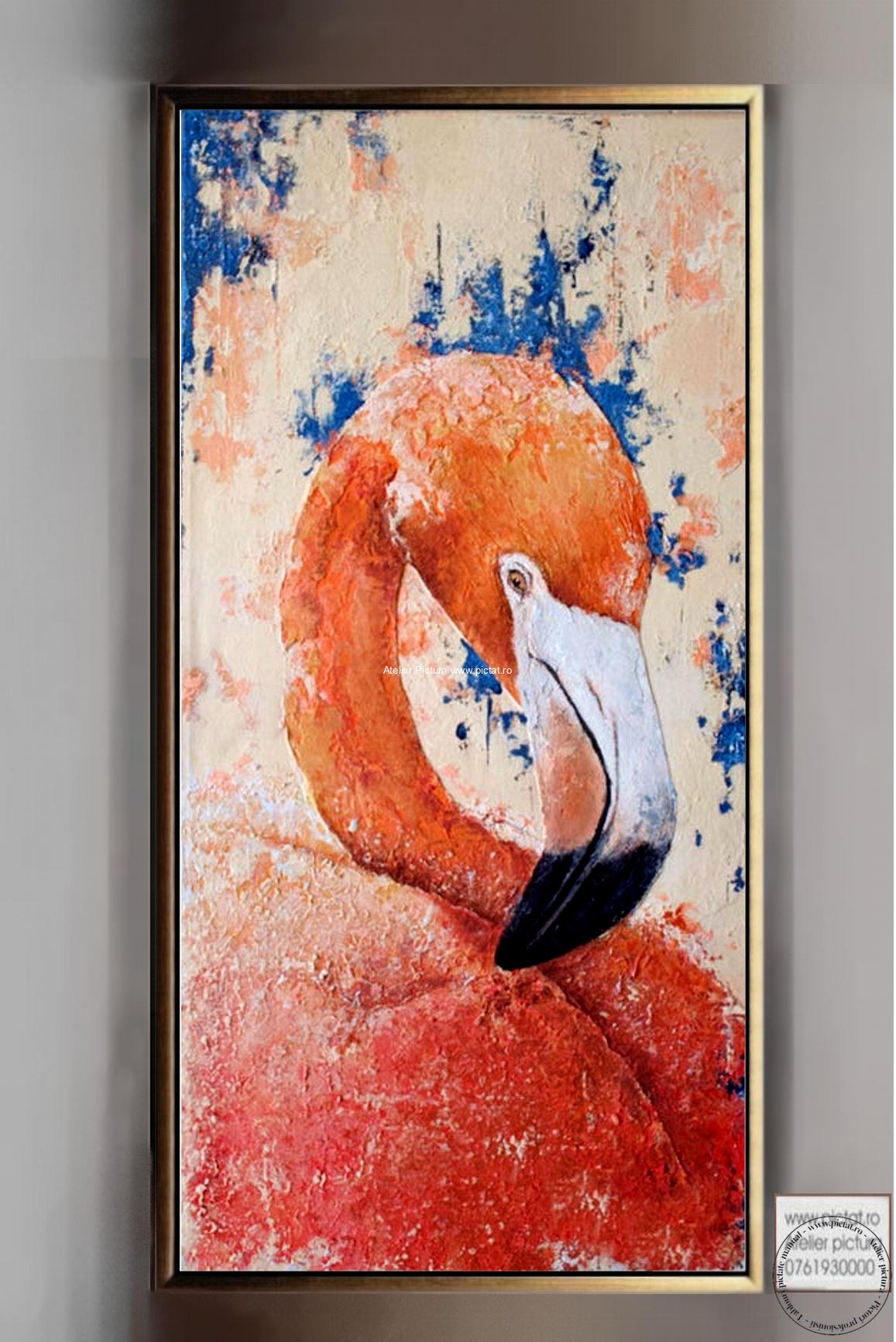 Tablou pictat Tablou abstract, tablou texturat 3d, pasare flamingo roz