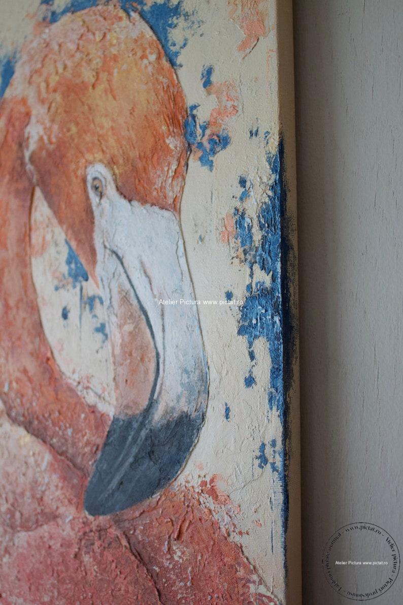 Tablou pictat Tablou abstract, tablou texturat 3d, pasare flamingo roz - imagine 2