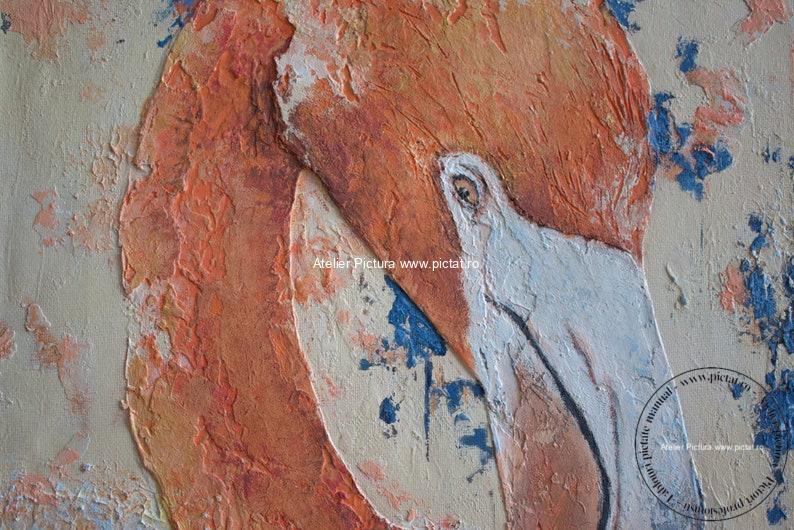 Tablou pictat Tablou abstract, tablou texturat 3d, pasare flamingo roz - imagine 3