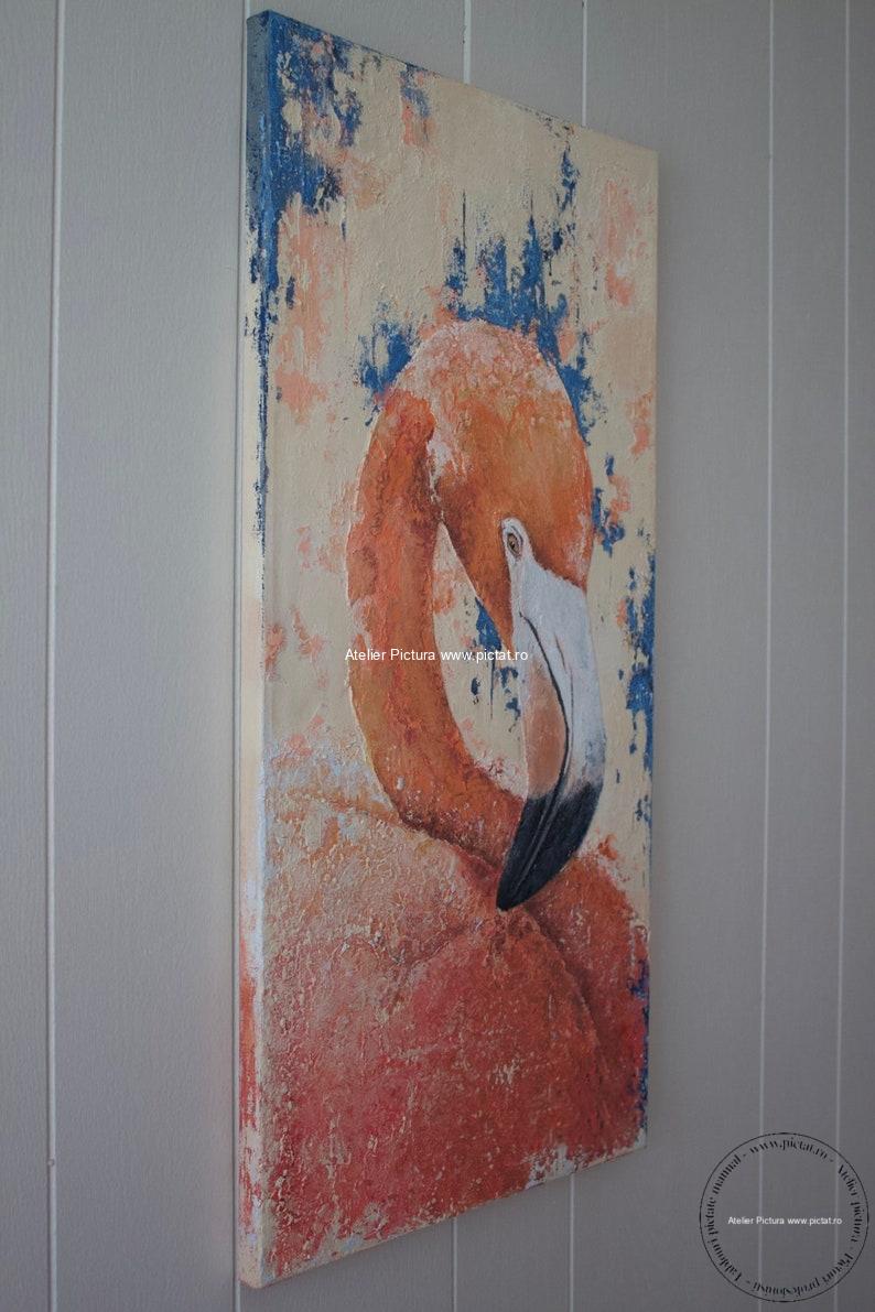 Tablou pictat Tablou abstract, tablou texturat 3d, pasare flamingo roz - imagine 4