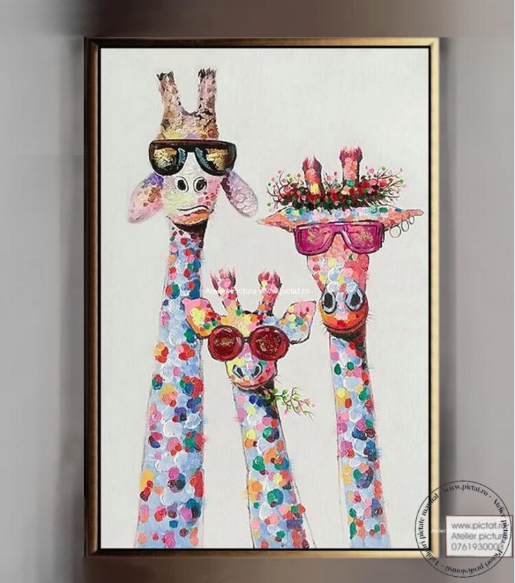 Tablouri pictate manual, Tablou girafe, tablou abstract modern multicolor