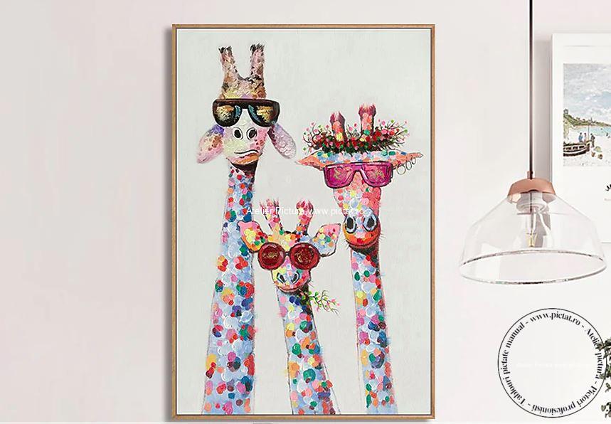 Tablouri pictate manual, Tablou girafe, tablou abstract modern multicolor - imagine 3