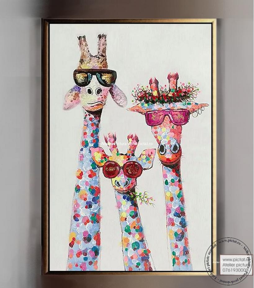 Tablouri pictate manual, Tablou girafe, tablou abstract modern multicolor