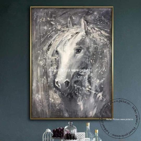 Tablouri pictate manual, Tablou cu cal alb, Tablou abstract modern texturat - imagine 2