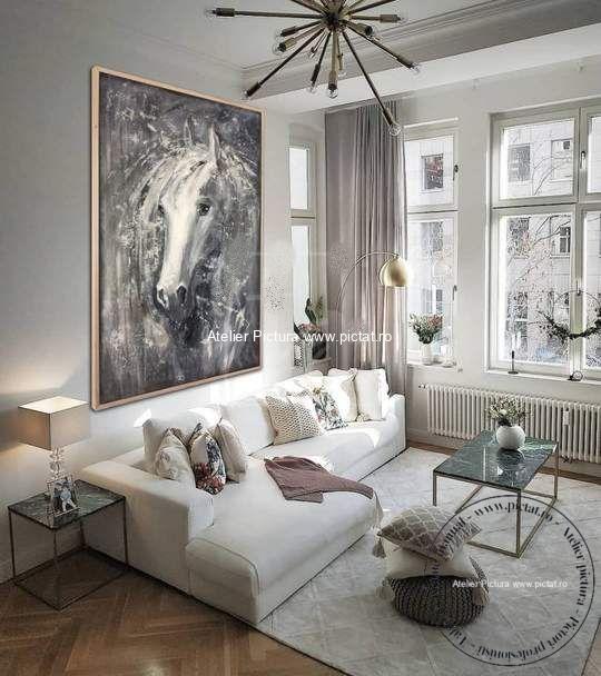 Tablouri pictate manual, Tablou cu cal alb, Tablou abstract modern texturat - imagine 3