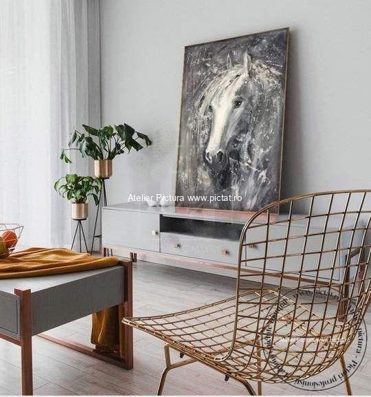 Tablouri pictate manual, Tablou cu cal alb, Tablou abstract modern texturat - imagine 4