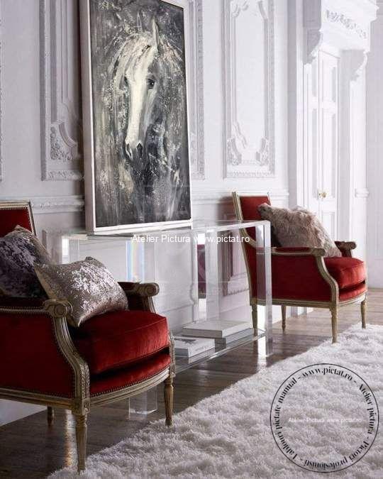 Tablouri pictate manual, Tablou cu cal alb, Tablou abstract modern texturat - imagine 5
