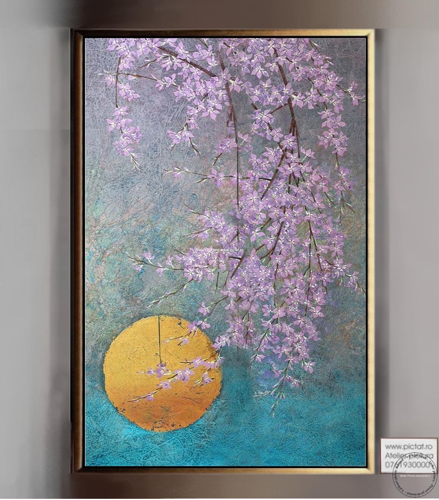 Tablou pictat Tablou cu flori de primavara, copac flori mov, Tablou cu rasarit de soare
