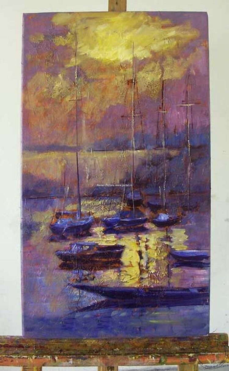 Tablou pictat manual, Tablou abstract, Tablou apus, Barci in port, Veliere