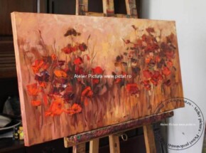 Tablou cu flori de maci Tablou Peisaj camp cu flori rosii, Tablou abstract pictat manual