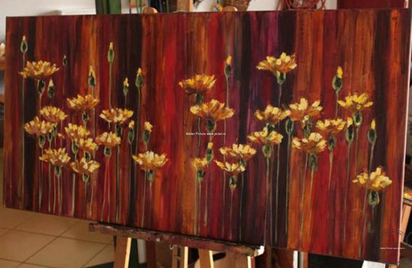 Tablou flori galbene oranj, Tablou abstract pictat manual