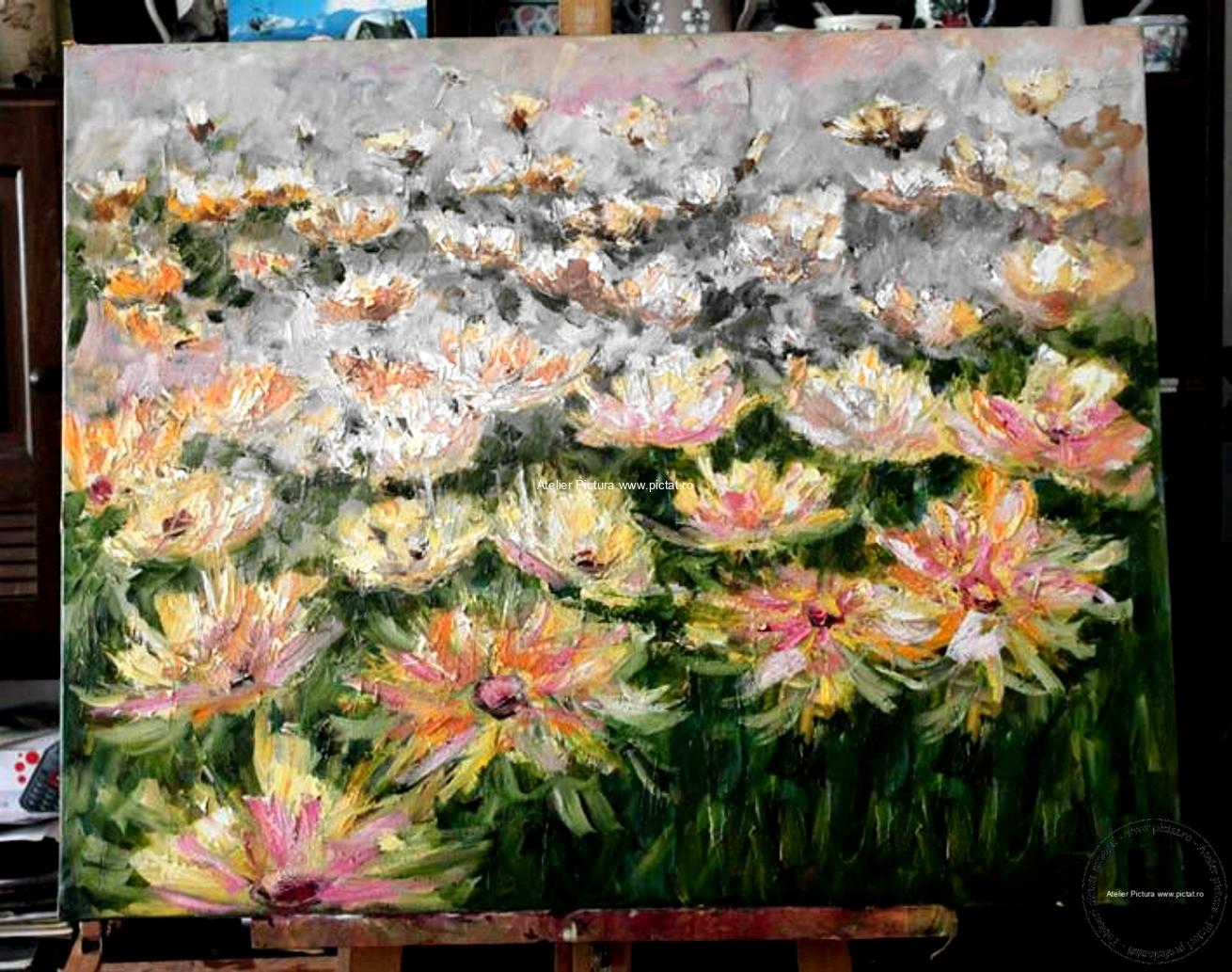 Tablou flori de camp mov, Pictura abstracta, Peisaj cu flori albe