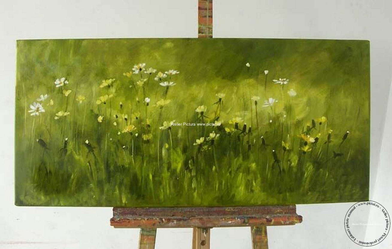 Tablou abstract verde Tablouri pictate manual, Tablou abstract pictat tehnica cutit, peisaj flori