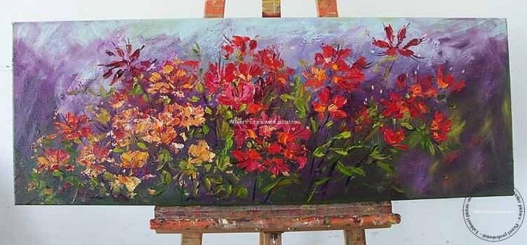 Tablou flori rosii oranj, pictura flori, Tablouri flori, Picturi cu flori, Tablouri florale, Tablouri abstracte