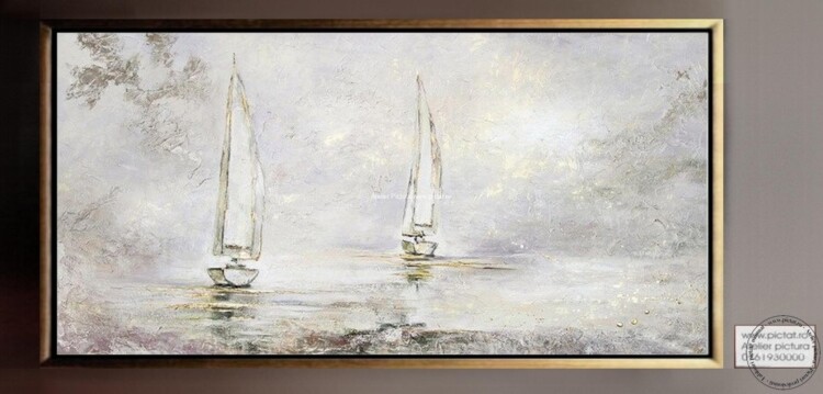 Tablouri pictate manual, Tablou abstract peisaj marin, Tablou cu barci