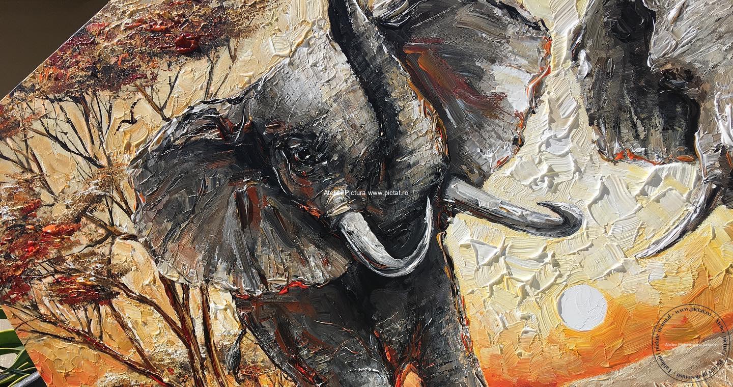 Tablou peisaj africa, Tablou cu elefanti, tablou Savana Pictura ulei pe panza
