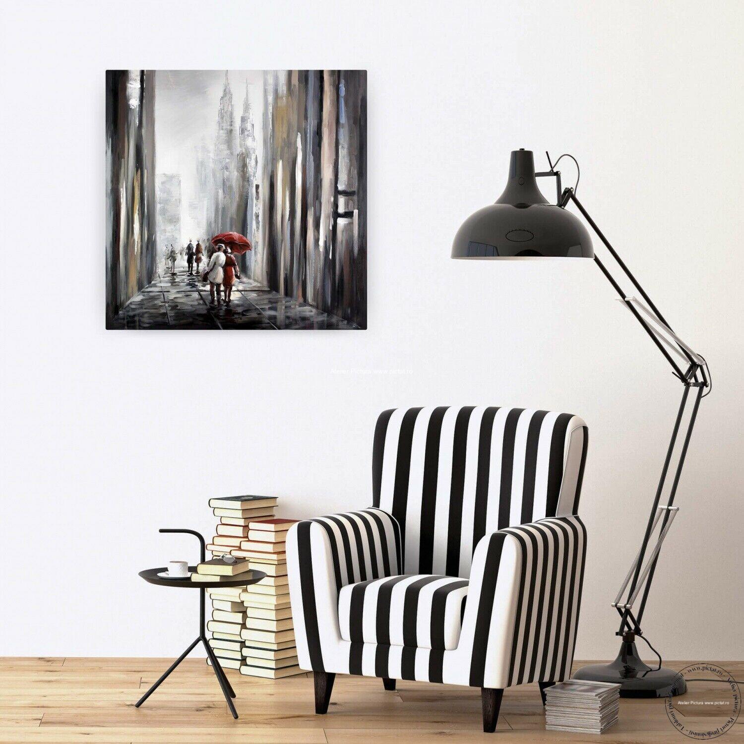 Tablouri pictate manual, Tablou peisaj abstract modern ploaie in oras - imagine 3