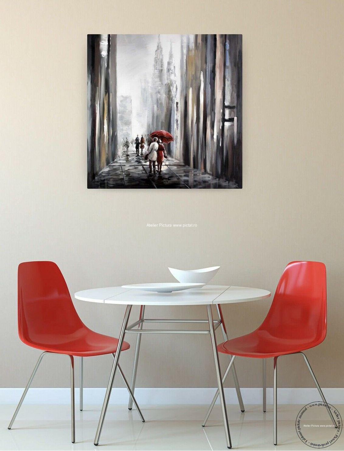 Tablouri pictate manual, Tablou peisaj abstract modern ploaie in oras - imagine 4