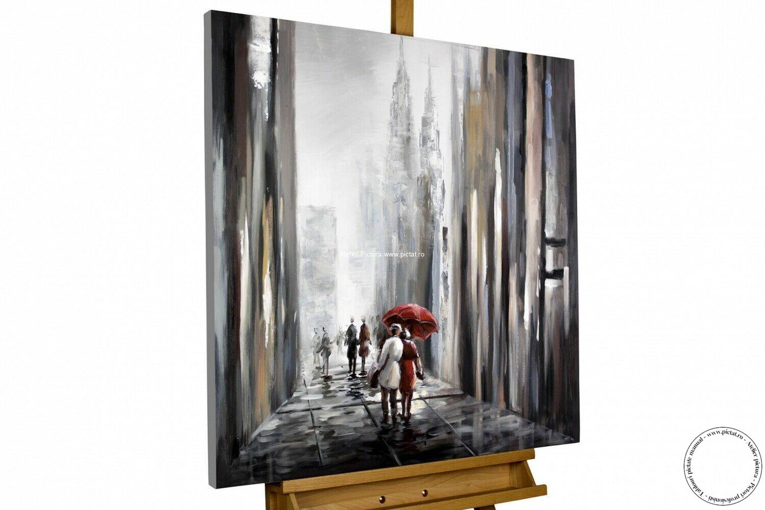 Tablouri pictate manual, Tablou peisaj abstract modern ploaie in oras - imagine 6