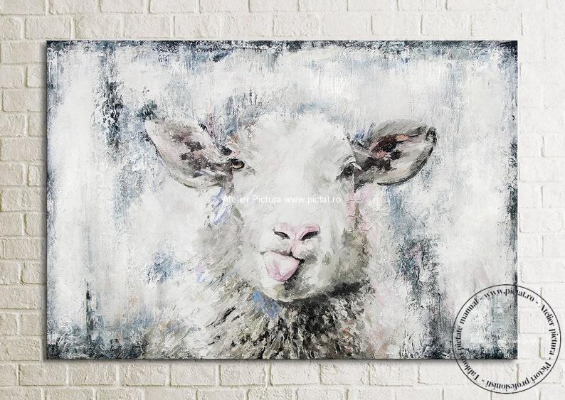 Tablou pictat Pictura in ulei, Tablou pictura in cutit, tablou texturat 3D, Tablou cu animale, Tablou cu oaie - imagine 2