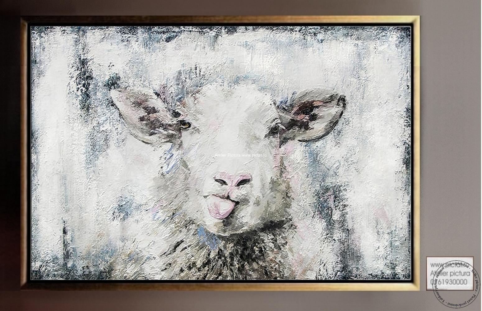 Tablou pictat Pictura in ulei, Tablou pictura in cutit, tablou texturat 3D, Tablou cu animale, Tablou cu oaie