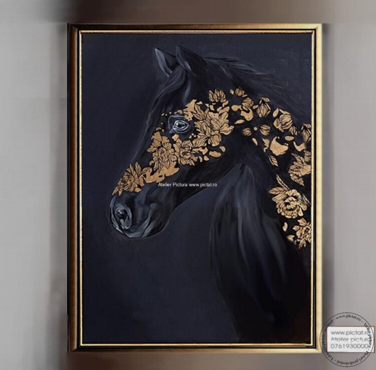Tablouri pictate manual Tablou abstract Cal negru abstract placat cu foita de aur