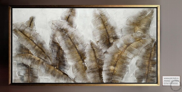 Tablouri pictate manual, Tablou botanic abstract, pictura cu flori tehnica cutit