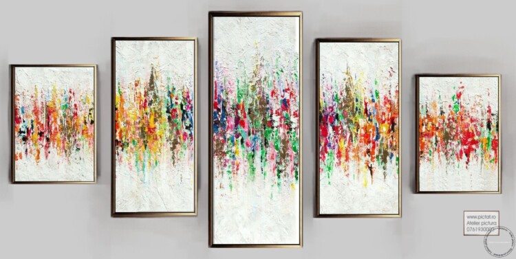 set 5 Tablouri abstracte pictate manual Set Tablouri tehnica cutitului impasto