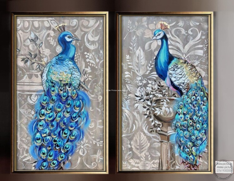 Tablouri pictate manual Tablou abstract modern impasto albastru cu pauni