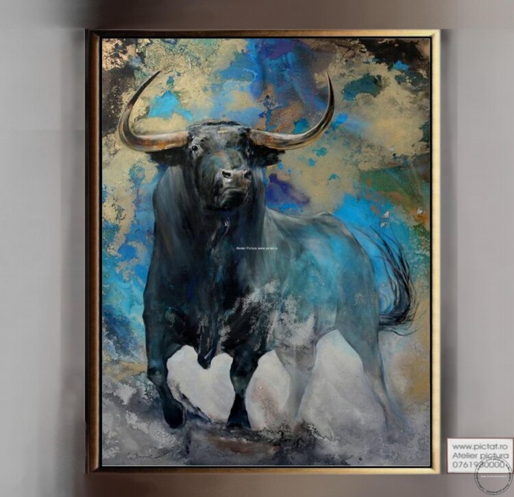 Tablouri pictate manual, Taur, Tablou abstract pictat in cutit foita de aur