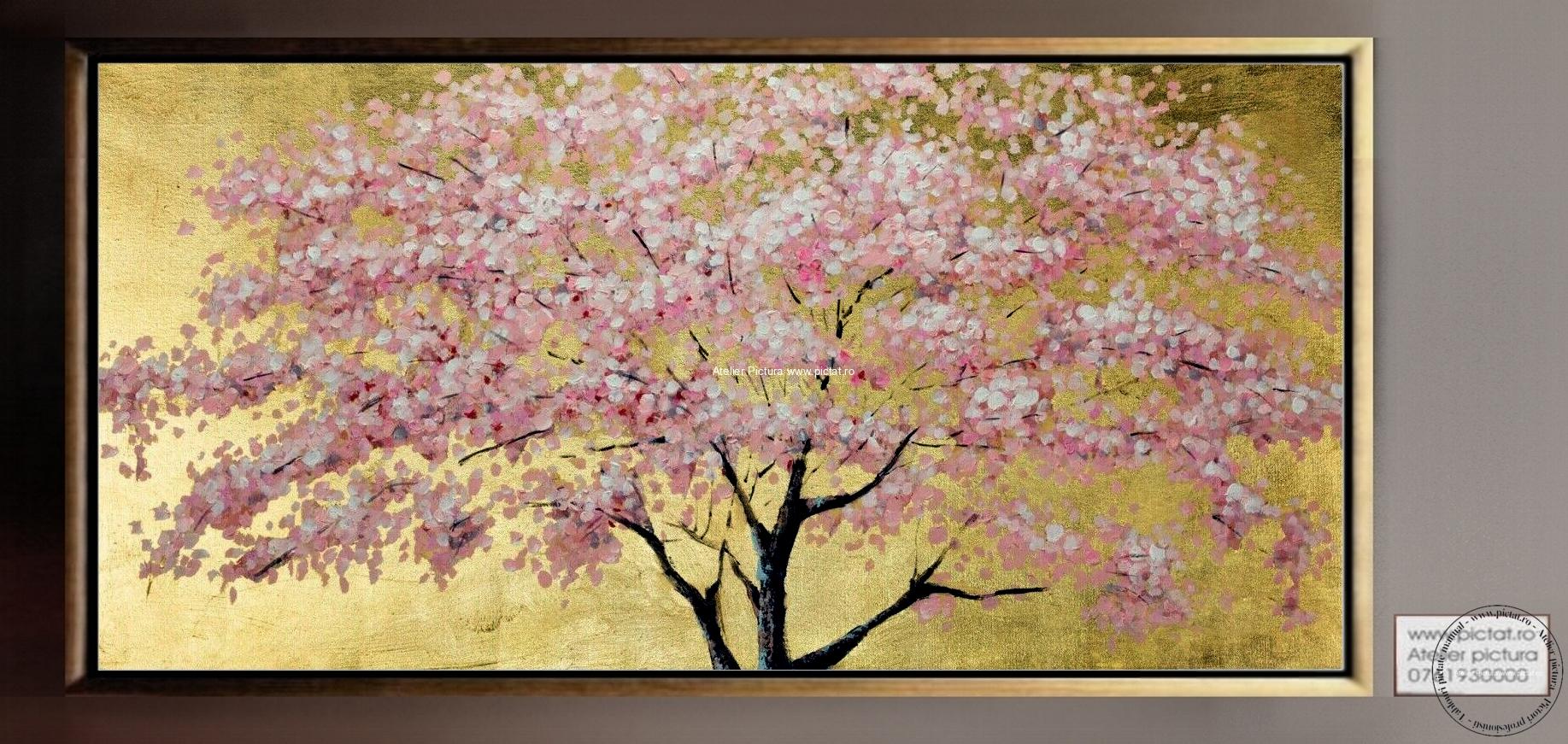 Tablou pictat pictura in ulei cu flori, Pictura abstracta, tablou copac cu flori albe si roz, tablou cu foita de aur